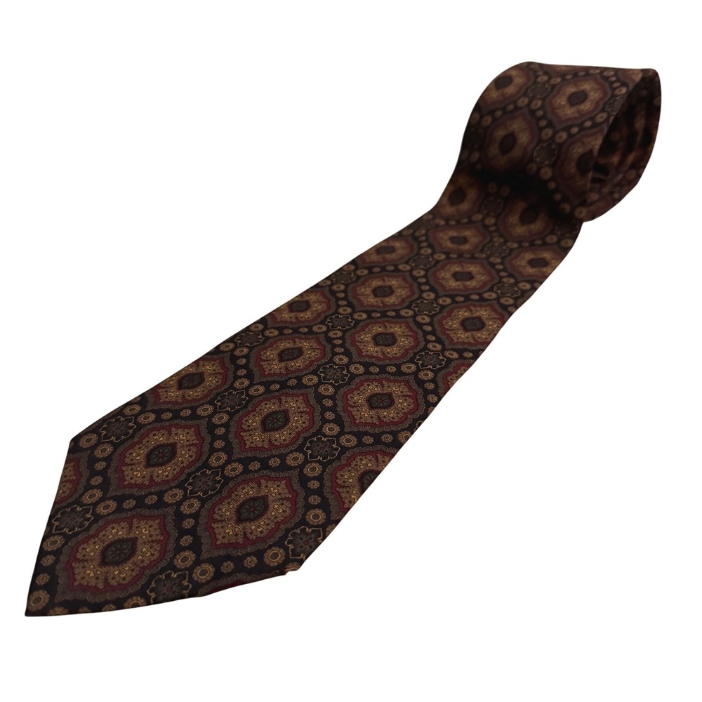 Burberry Tie Maroon Beige Brown Medallion Paisley Silk Hand Sewn Necktie USA